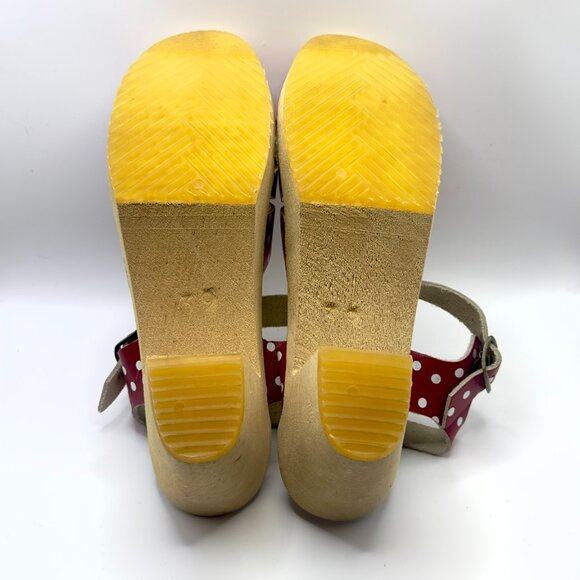 Red & White Polka Dot Wooden Clogs Heels Sandals Peep Toe Leather Womens 8.5 39 - Picture 5 of 6